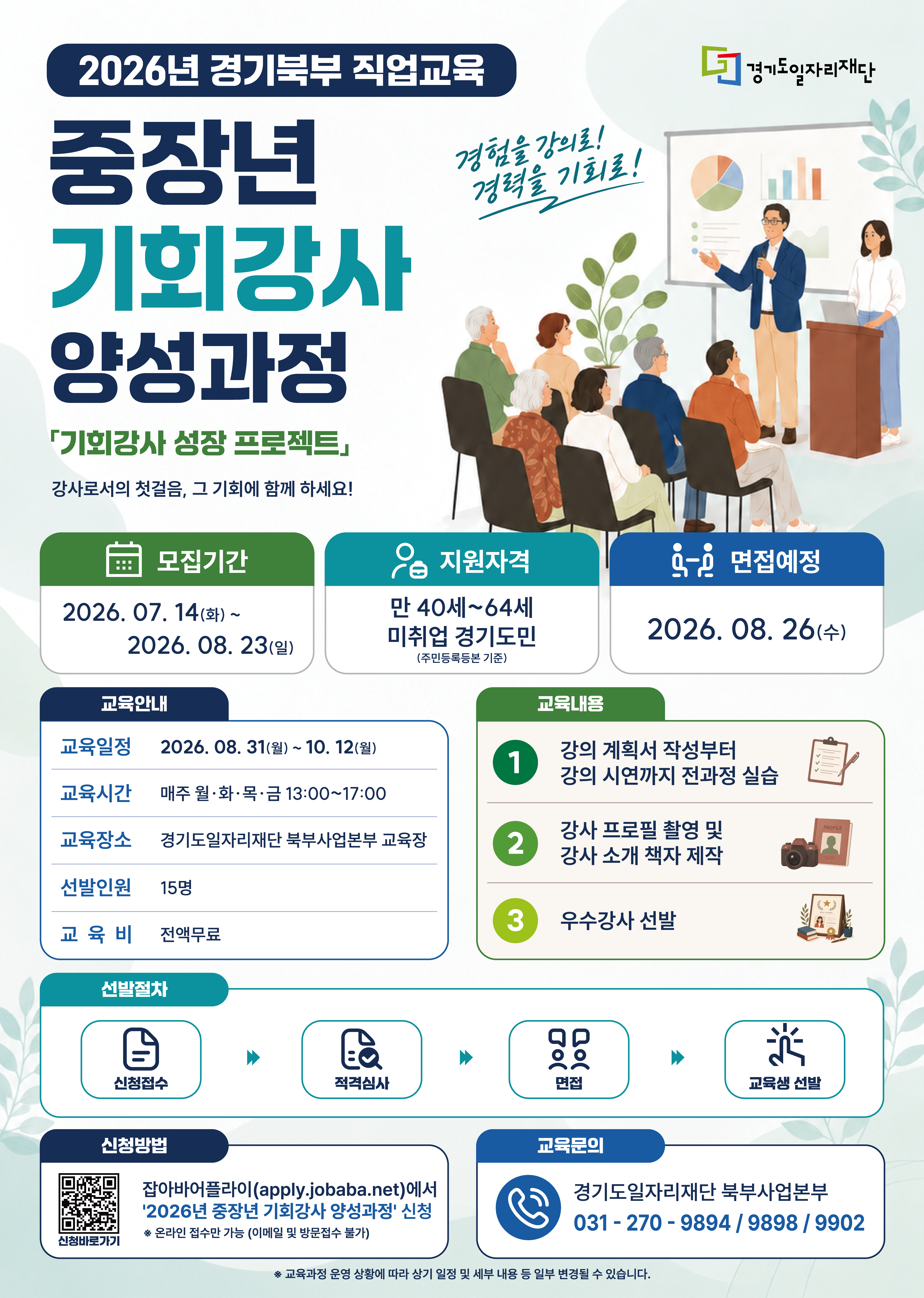경기도일자리재단, 중장년 강사 교육생 15명 모집